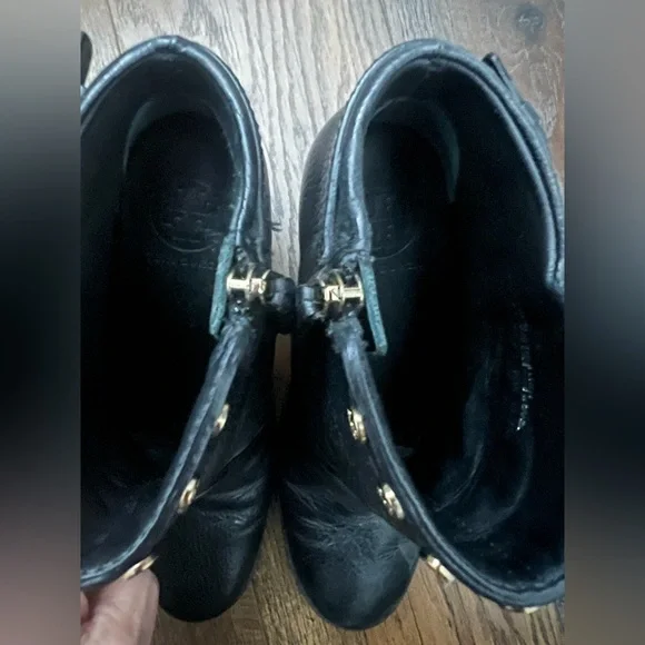 Tory Burch Black Leather Heeled Boots with Gold Accents Size 7 Mae Studded - Picture 8 of 11